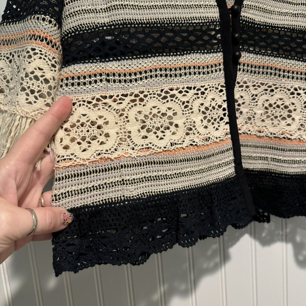 Nanette Lapore Striped Lace Cropped Jacket Cardigan Fringed Sleeves Size 2 - Picture 2 of 5